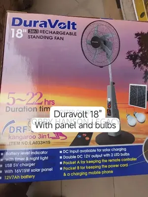 Duravolt 18" Rechargeable Standing Fan + Solar Panel Bulbs (3-in-1)