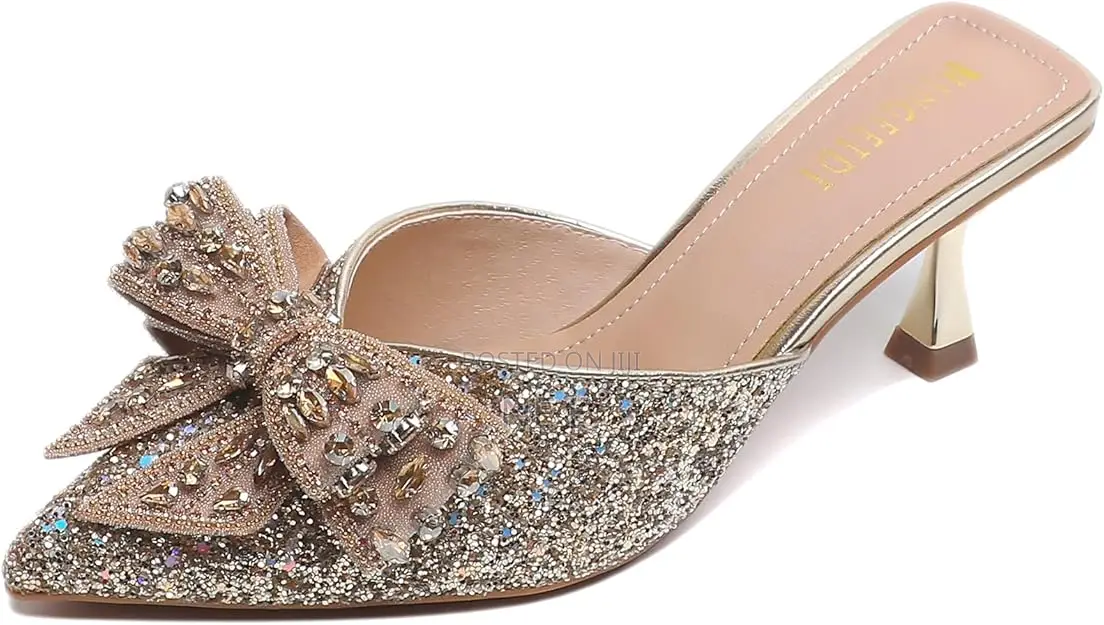 Adkgbe Women's Sparkling Rhinestone Bow Kitten Heels