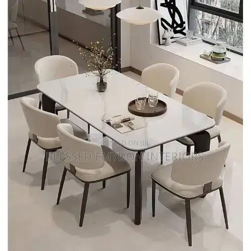 Modern 6-Seater Marble-Effect Dining Table Set