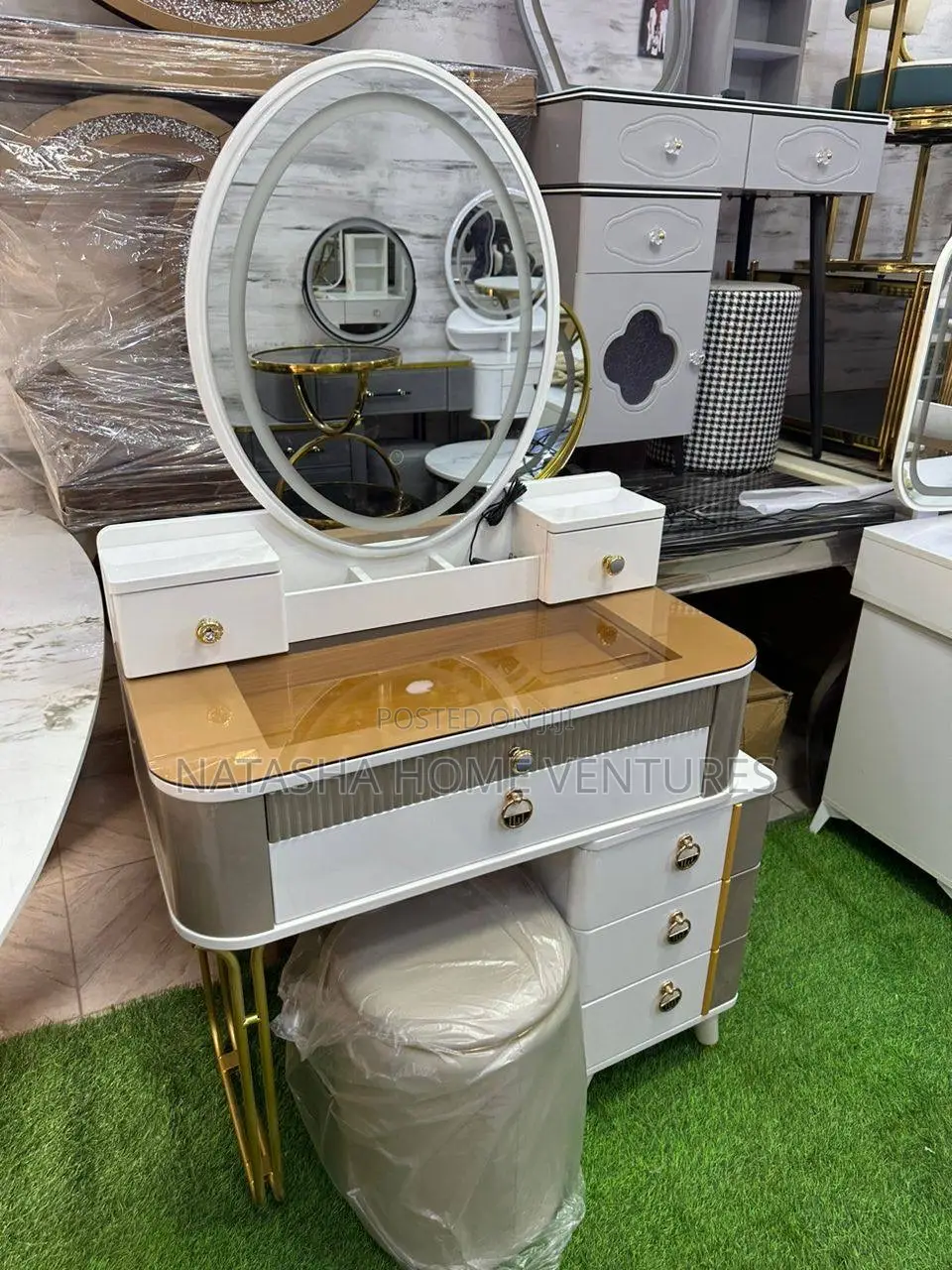 Glam Vanity Dressing Table Set (Grey Gold)