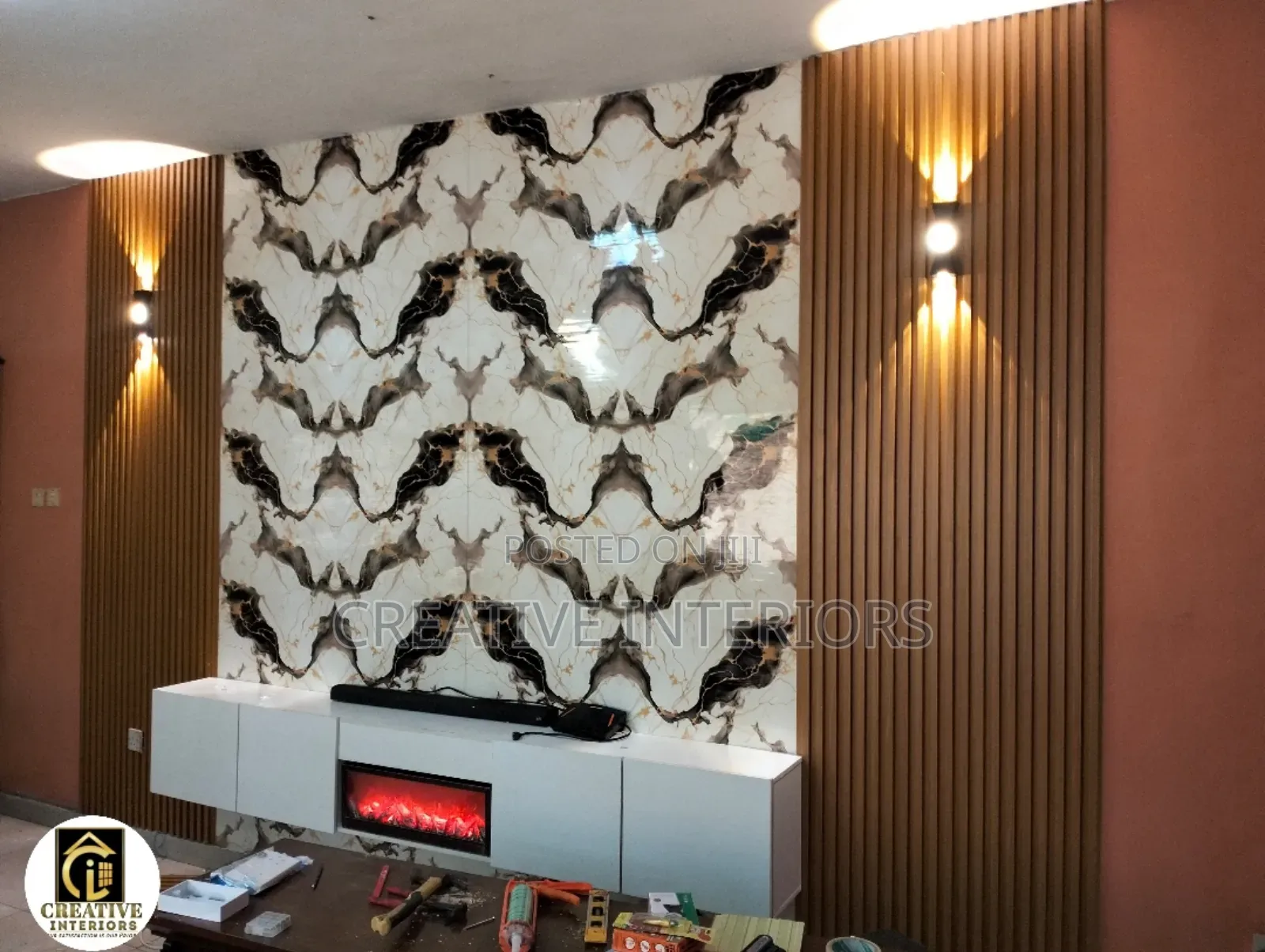 Fluted Panel With Floating Shelve Tv Console