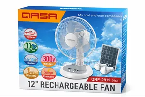 Qasa 12” Rechargeable Solar Fan With Solar Panel|2-bulbs|Usb Charger