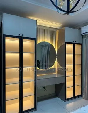 Glass Door Vanity Dresser With Shelves and Led Light