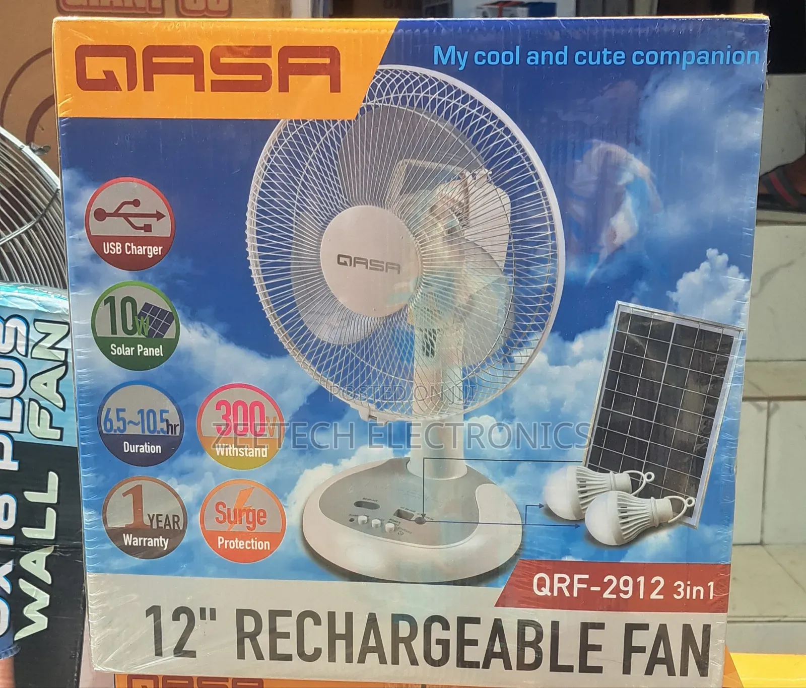 Qasa 12" Rechargeable Table Fan With Panel and Bulb