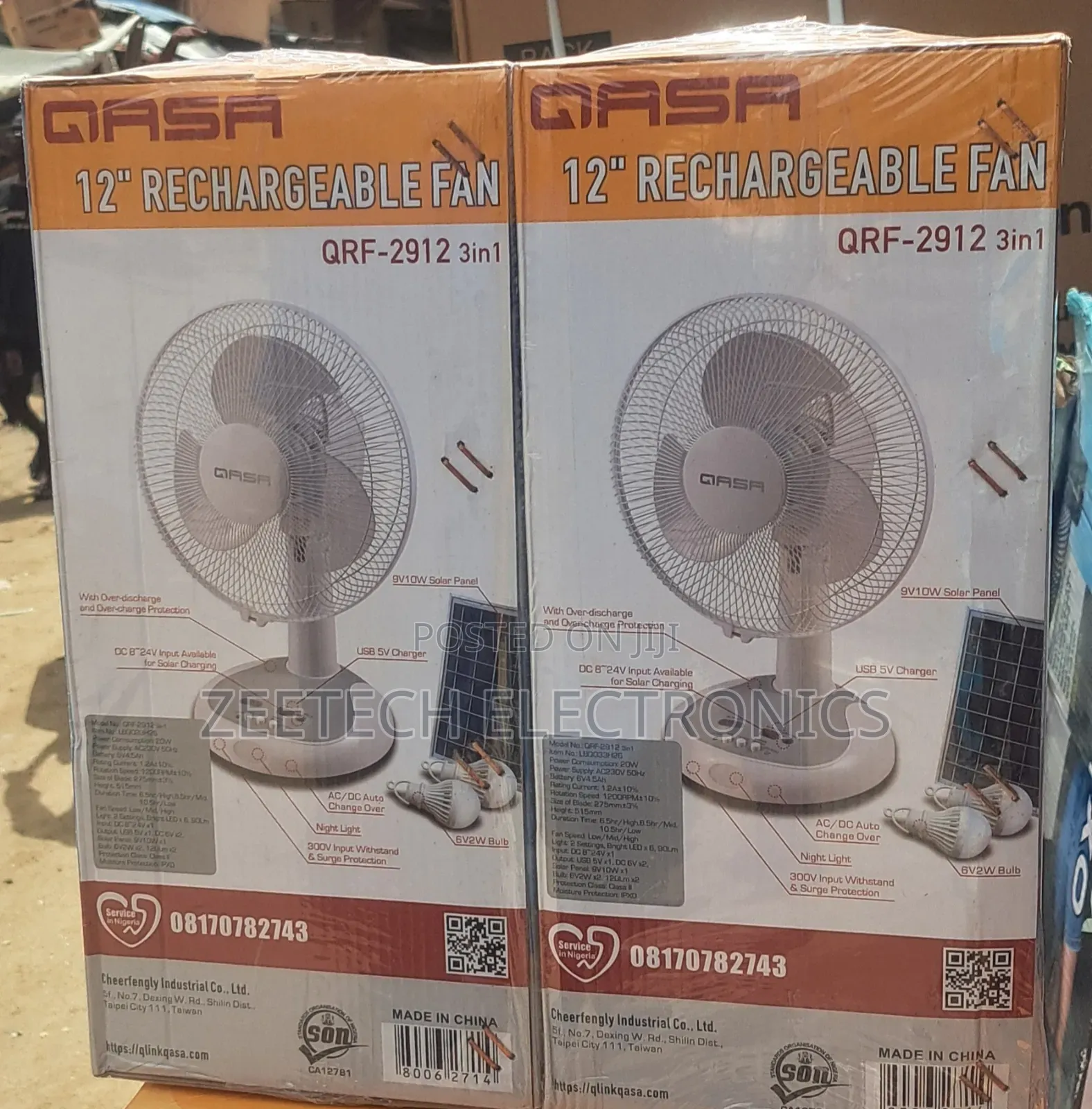 Qasa 12" Rechargeable Table Fan With Panel and Bulb