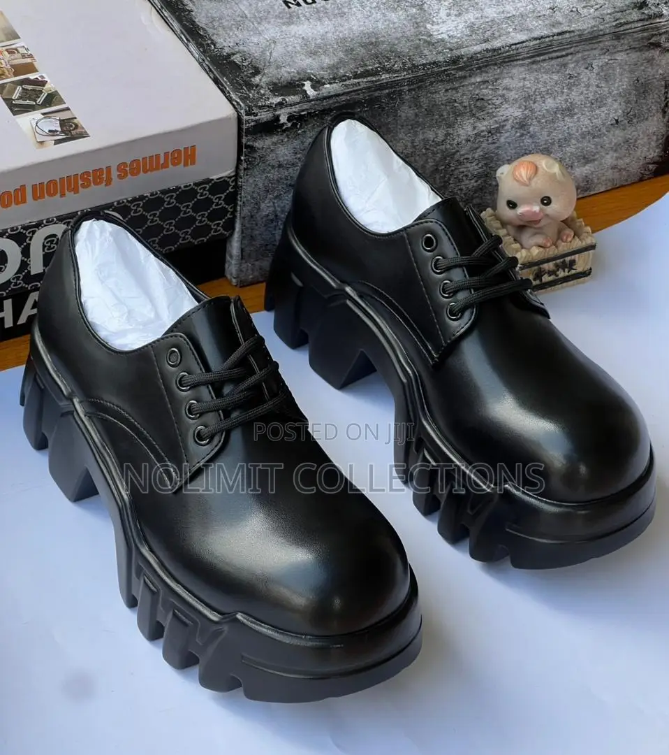 Black Plain Leather Derby Shoe With Chunky Platform Soles