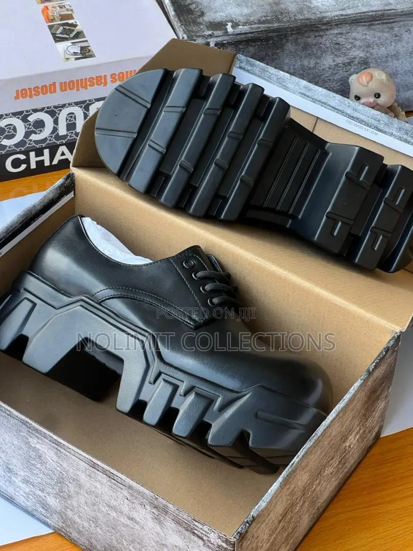 Black Plain Leather Derby Shoe With Chunky Platform Soles