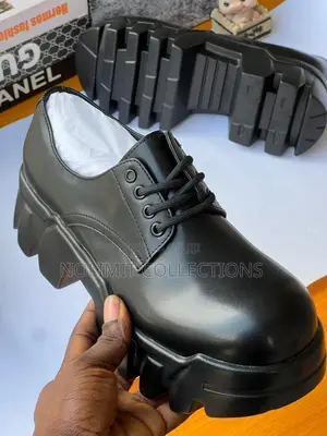 Black Plain Leather Derby Shoe With Chunky Platform Soles
