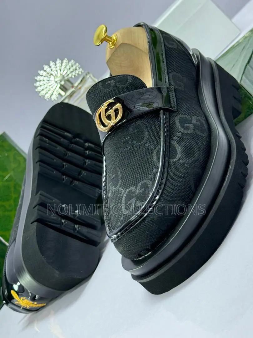 Black Men's Gucci Patterned Leather Loafers With Platform Soles