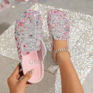 Ladies Rhinestone Studded Mules – Pink Crystal Embellished Cork Slides