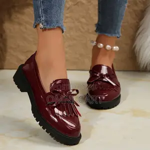 Premium Burgundy Patent Leather Bow Loafers – Deep Cherry Fringe