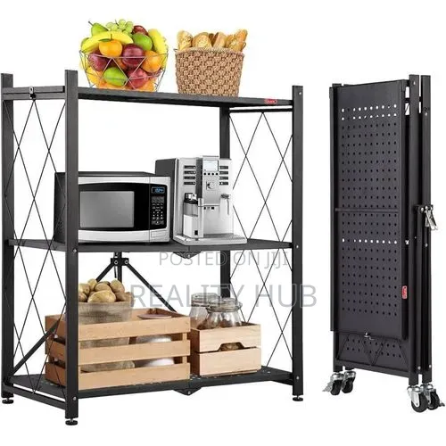 3 Layers Foldable Storage Rack With Wheels Colour: Black
