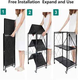 3 Layers Foldable Storage Rack With Wheels Colour: Black