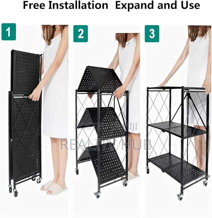 3 Layers Foldable Storage Rack With Wheels Colour: Black