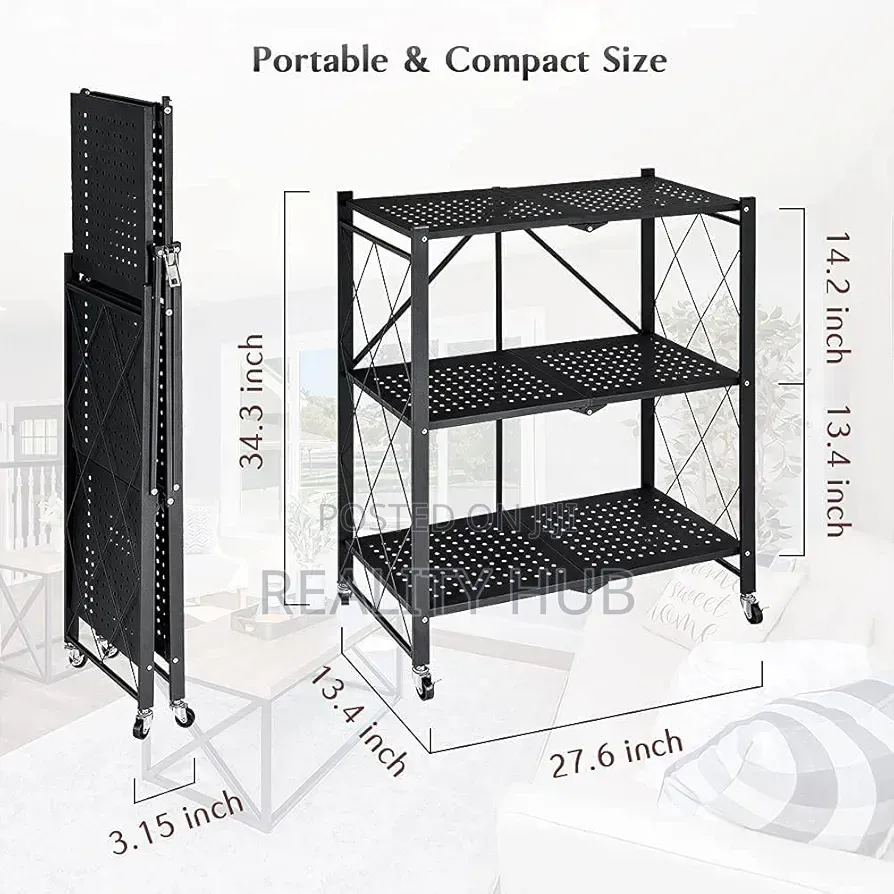 3 Layers Foldable Storage Rack With Wheels Colour: Black