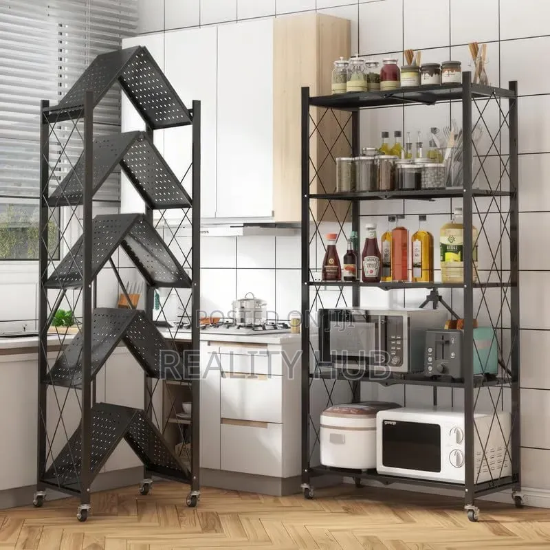 Foldable Kitchen Storage Rack Space Saving Metal Stand With Wheel Iron