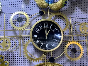 Large Wall Clock Peacock Iron Gold Multi Colour Feather Green Design
