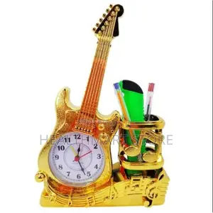 Analog Golden Guitar Shape Alarm Table Clock With Pen Holder