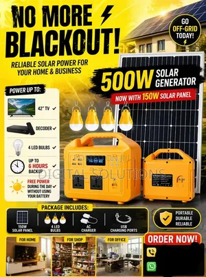 500 Watts Solar Generator for Homes, Lounges, Hotels, Shops, Offices.