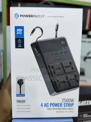 Powerology 2500w 4 Ac Power Strip With Built-in Retractable Cables
