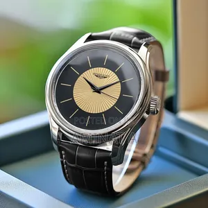 Black Leather Strap Unique Men’S Wrist Watch With Case (Yellow Face)