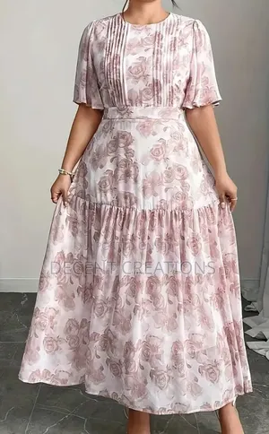 Mid - Year Promo: Elegant Pink Floral Chiffon Dress. Size 5xl