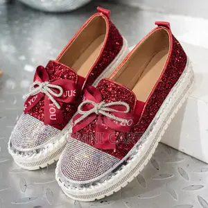 Women’S Red Glitter Platform Loafers - Rhinestone Bow Slip-on Shoes
