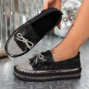 Black Glitter Platform Loafers - Rhinestone Bow Slip-on Fashion Shoes