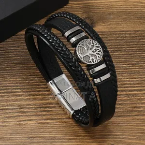 Classy Black Leather Magnetic Bracelet for Him