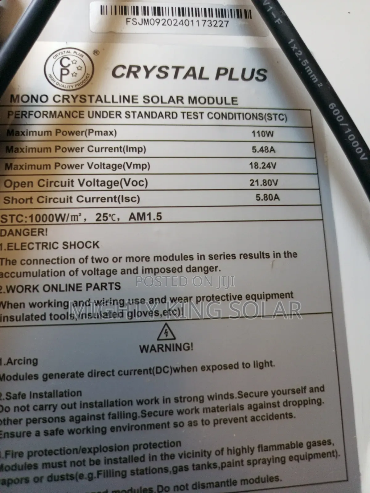 110w Crystal Plus 18.24v Panel