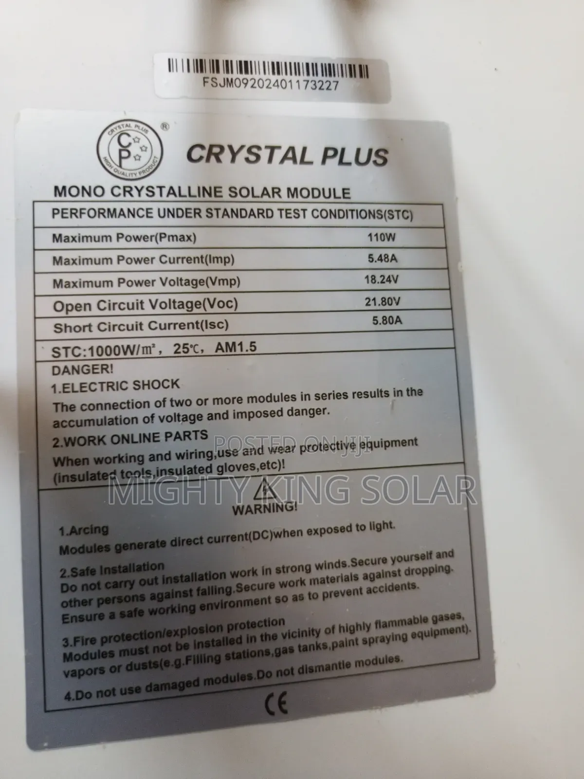 110w Crystal Plus 18.24v Panel