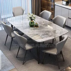 6-Seater Dining Table Set Featuring a Marble-Finish Tabletop Padded