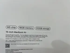 New Laptop Apple MacBook Air 2026 M5 15-inch 16GB Apple M5 SSD 512GB