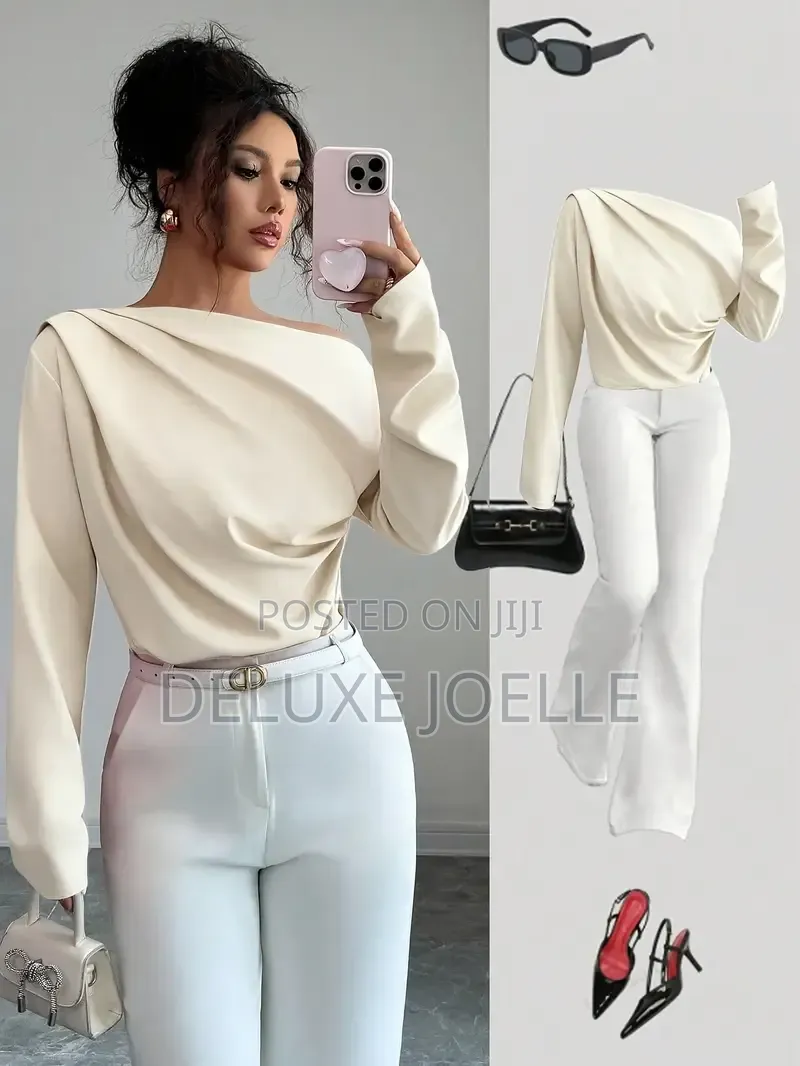 Ruched Oblique Shoulder Long Sleeve Blouse