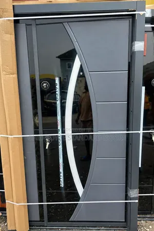 4ft Balco Door With a Gray Steel Design Curved Glass Accent Panel