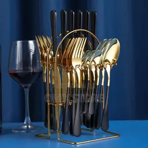 New Black and Gold Solid Cutlery Set (24pcs)