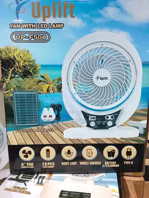 8 Inches Rechargeable Table Fan With Solar Panels and 2 Bulbs Inside