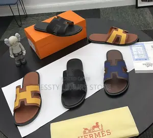 New Hermes Izmir Authentic Men Leather/Denim Slippers,