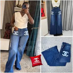 Designer Inspired Wide Leg Jeans Cc Logo Pocket Denim