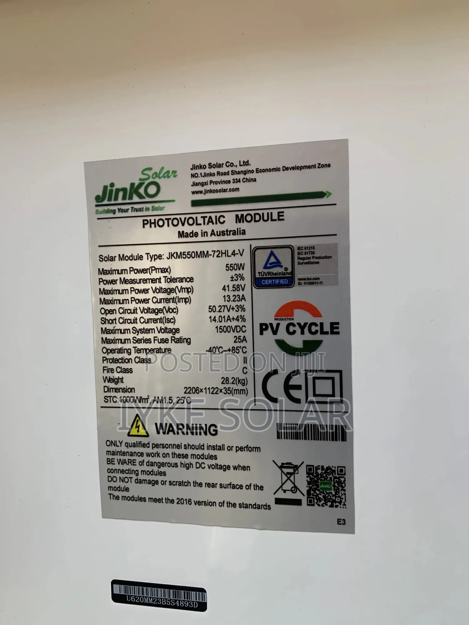 550watts Jinko Panel 120cells
