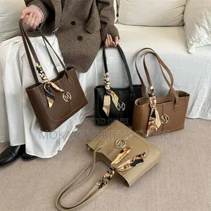 Jade Quality Leather M Logo Tote Bag With Scarf