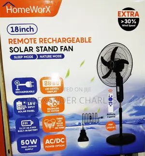 18” Remote Rechargeable Solar Standing Fan – 30w Panel 3 Extra Bulbs