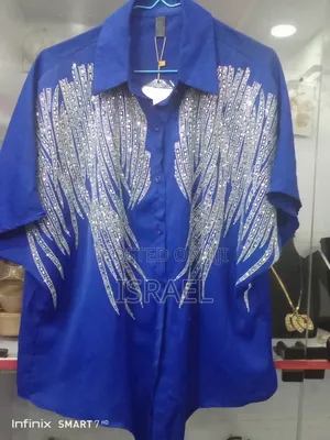 Women’S Royal Blue Rhinestone Embellished Shirt Luxury Oversized