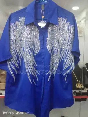 Women’S Royal Blue Rhinestone Embellished Shirt Luxury Oversized