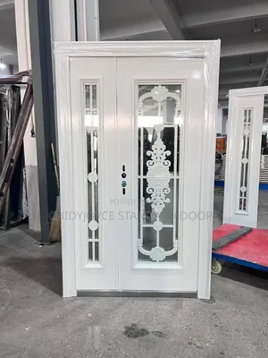 Decorative White French Security Steel Door With Glass Panels
