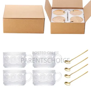 4pcs Set Breakfast Glass Cup Spoon and Wooden Lid