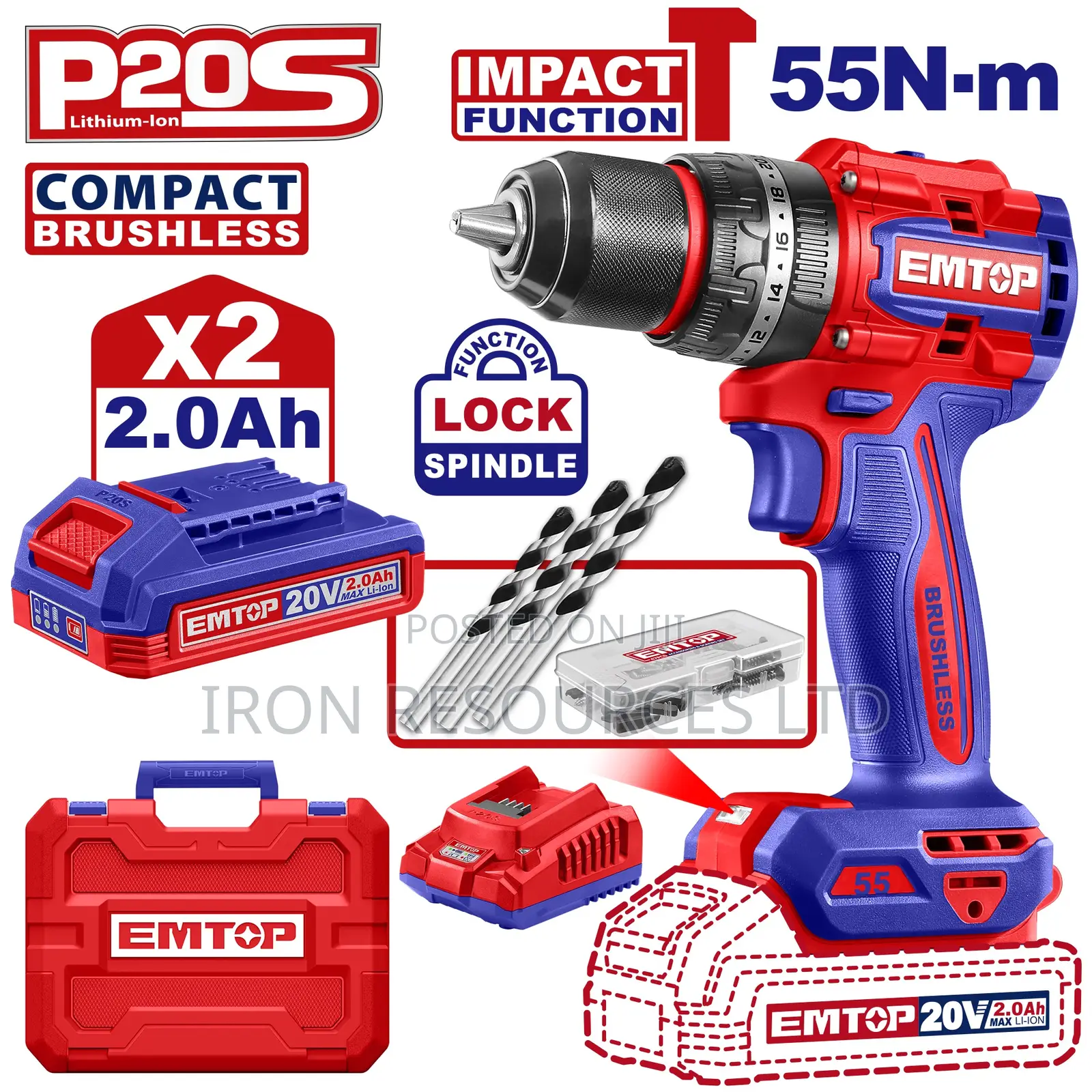 Emtop Compact Brushless Cordless Drill 55n-M