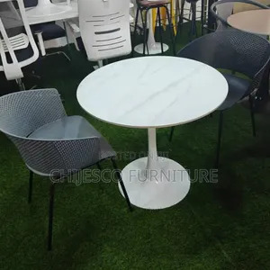 Round Marble Restaurant Table With 2 Plastic Chairs