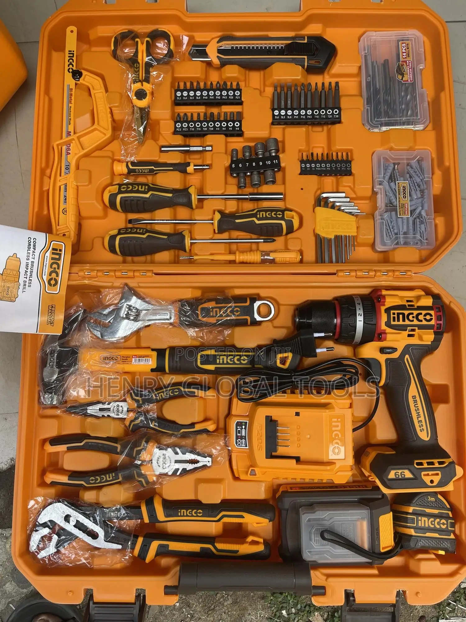 166pcs 66n.M Ingco Impart Drill With Tools Chest Set