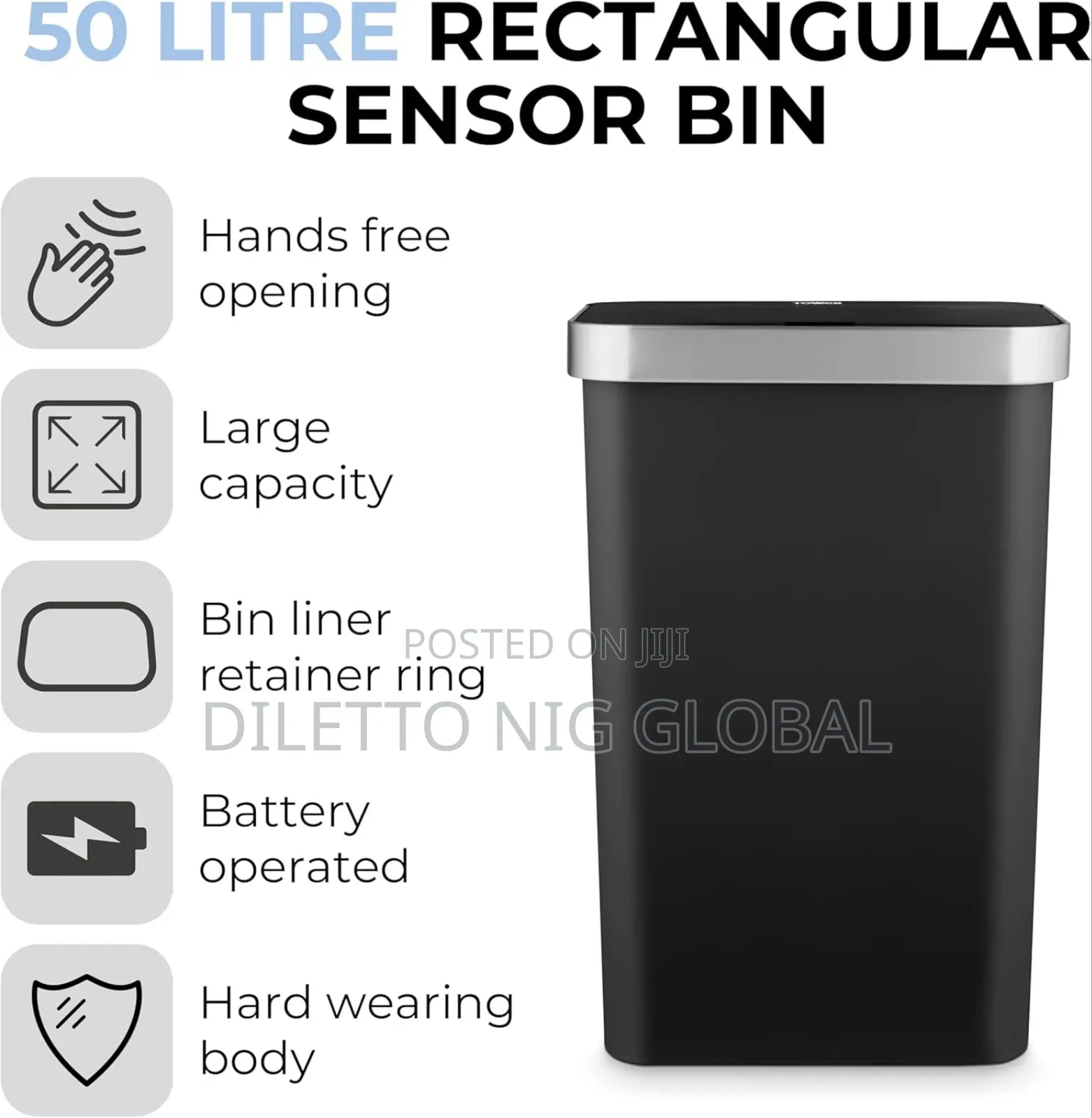 Tower 50l Sensor Bin With Bin Liner Retainer Ring, 50l
